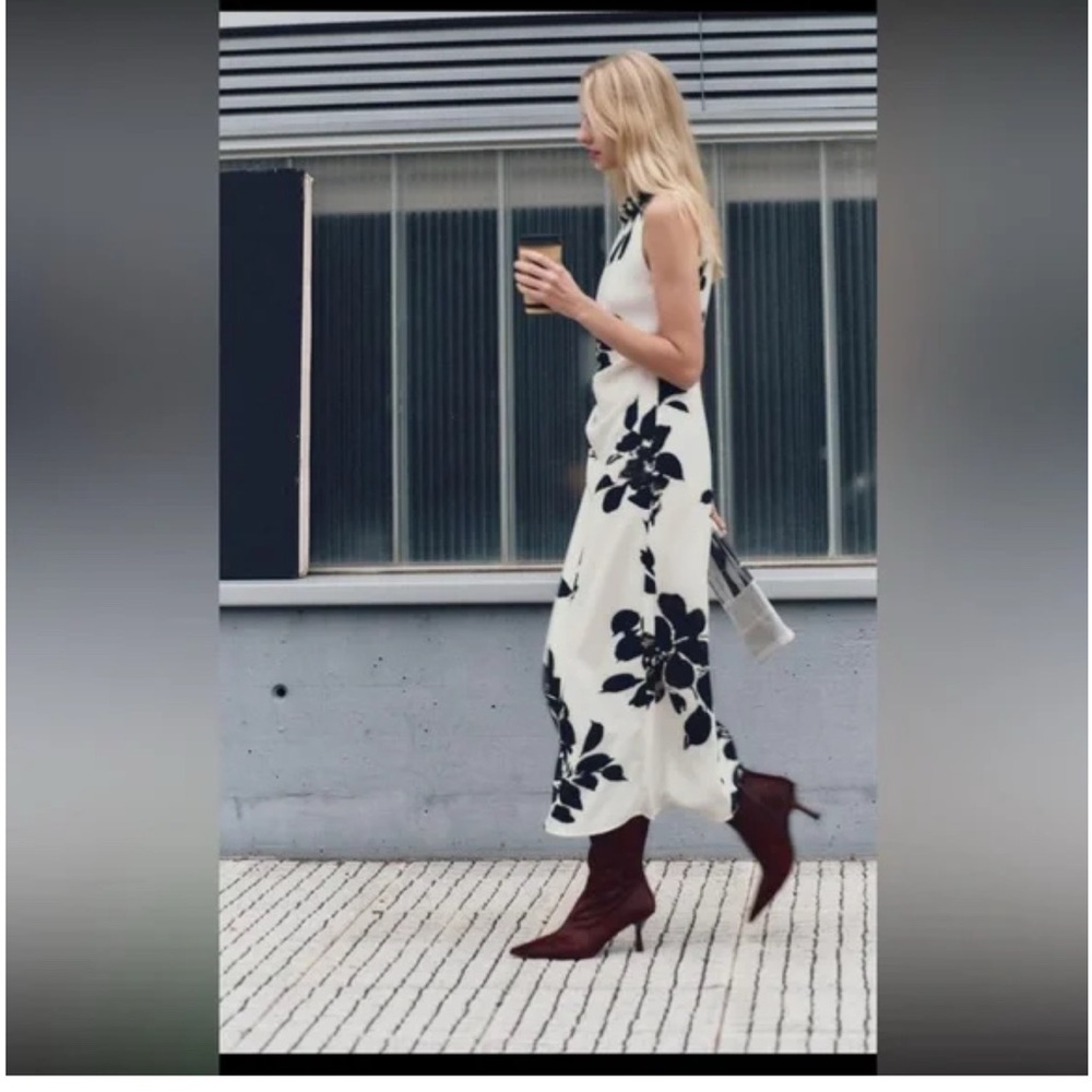 NWT Zara printed midi dress black ecru sz XS